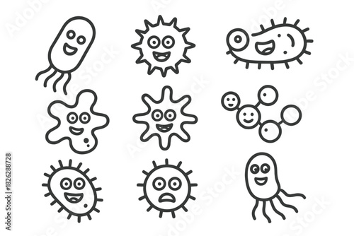 Set of cute cartoon microbes, including various bacteria, viruses, and microscopic germs