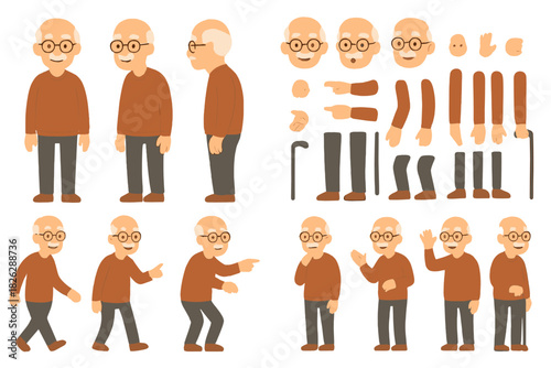 Elderly man character constructor kit for animation featuring various poses and expressions