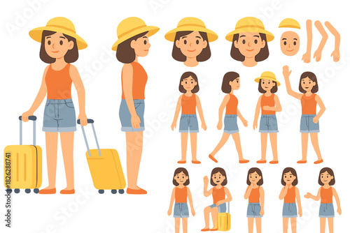 Young female traveler character set showing various poses, actions, and expressions