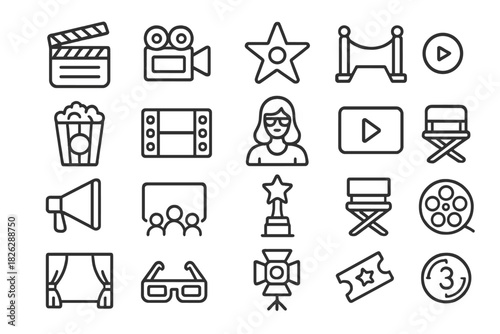 Thin line symbols for movie making, film production, cinema, awards, and entertainment elements