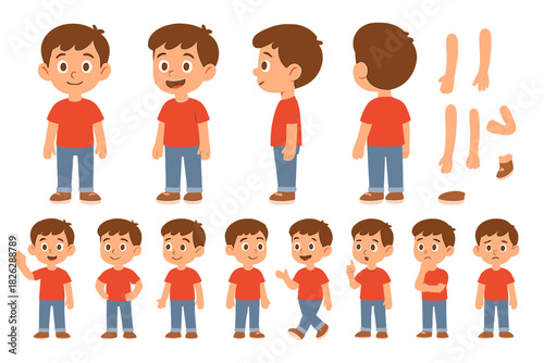 Cute little boy character set showing full body views, poses, and emotional expressions