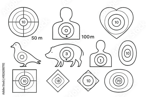 Collection of marksmanship targets featuring circular, square, human, and animal silhouettes