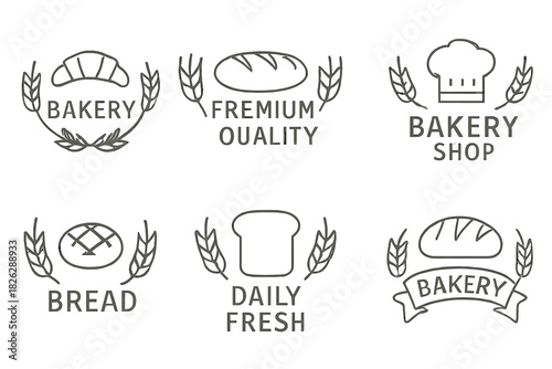 Monochrome line art badges for bakery shop and bread business with wheat ears