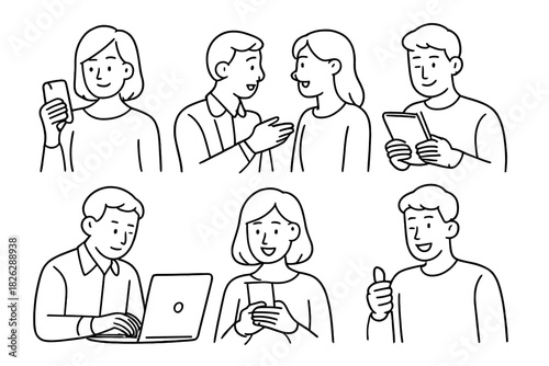 Collection of diverse people communicating, working, and interacting with modern digital technology devices