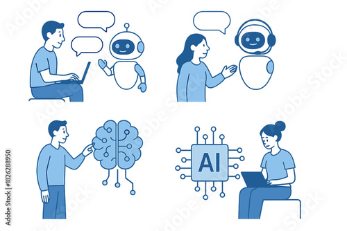 Artificial intelligence concepts set featuring people, robots, chatbots, and machine learning symbols