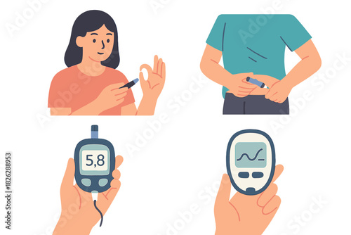 Diabetes care process including blood sugar testing, glucose meter reading, and insulin injection