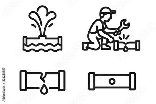 Plumbing problems, pipe damage, water leaks, burst pipes, and repair service concepts