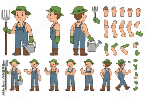 Cartoon farmer character ready for animation with various poses, gestures, and interchangeable body parts