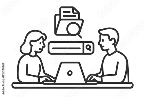 Two people collaborating on data search and information retrieval using a laptop