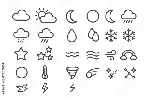 Minimalist outline symbols for weather forecast and atmospheric conditions