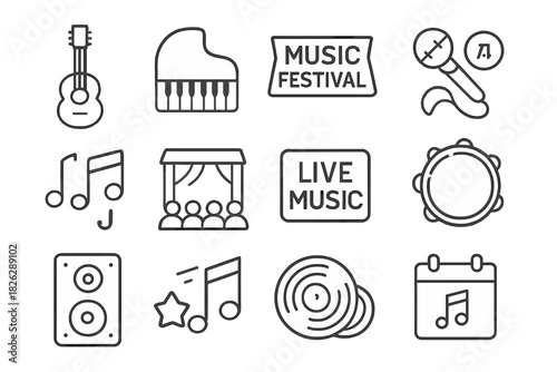 Minimalist symbols of music, live concerts, festivals, and entertainment