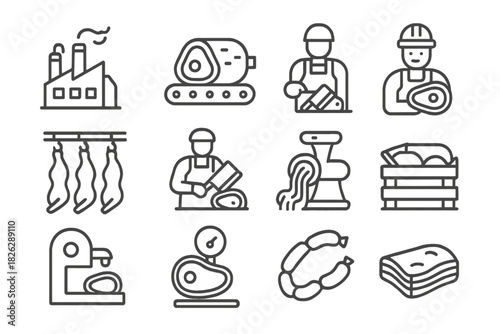 Set of symbols illustrating various stages of meat processing, butchery, and food production