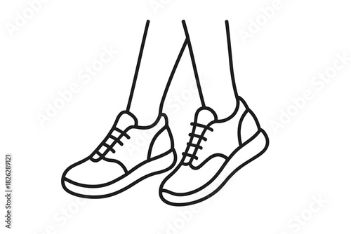 Black outline of human legs and feet wearing modern lace-up sneakers for walking or running