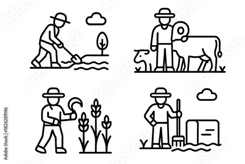 Essential symbols representing various agricultural activities and farm work tasks