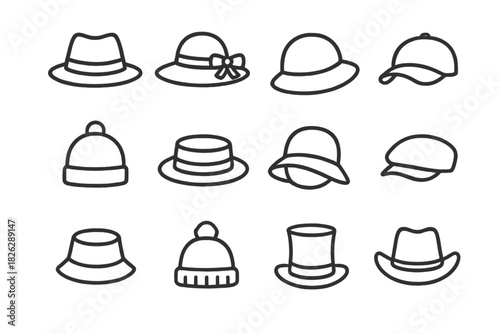 Minimalist collection of various headwear accessories including fedora, beanie, and top hat