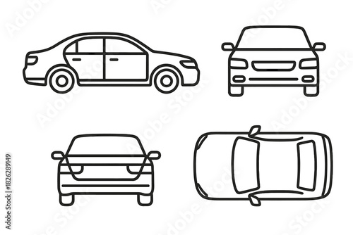 Sedan car vehicle outline drawings showing side, front, back, and top views