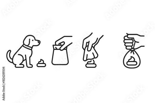 Sequence of icons illustrating responsible dog owner picking up pet waste