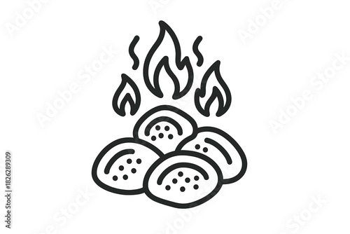 Stylized black line drawing of hot cooking stones with flames rising above them