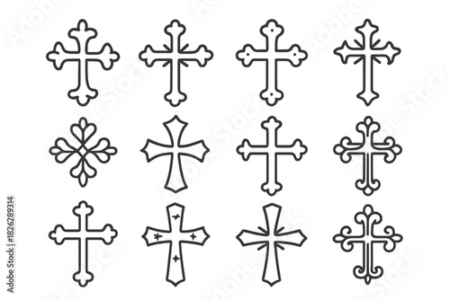 Collection of twelve stylized religious crosses and Christian symbols in outline style