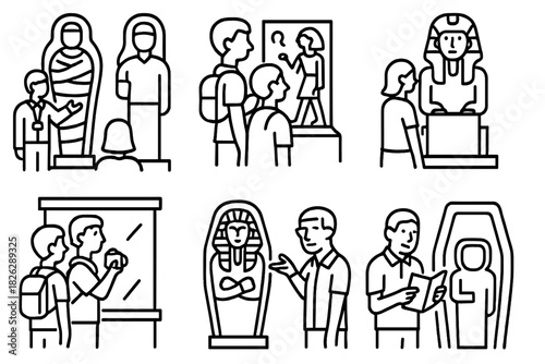 Museum visitors viewing ancient Egyptian artifacts and historical exhibits in a gallery