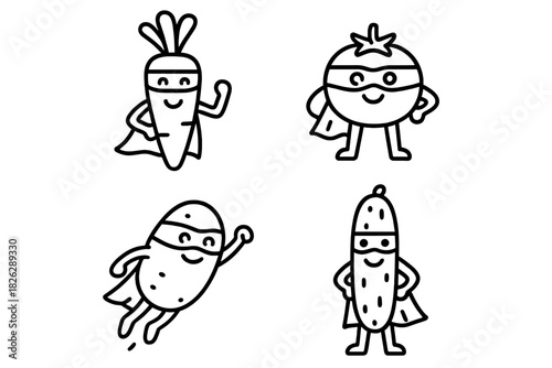 Cute cartoon vegetable superheroes: carrot, tomato, potato, and cucumber posing heroically