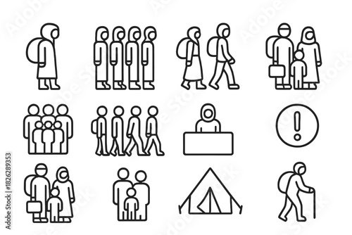 Outline symbols representing human migration, refugee crisis, travel, and border control
