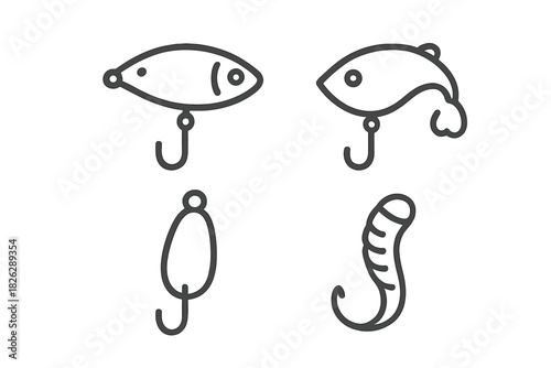 Collection of fishing lures, hard baits, spoons, and soft plastic worms for angling