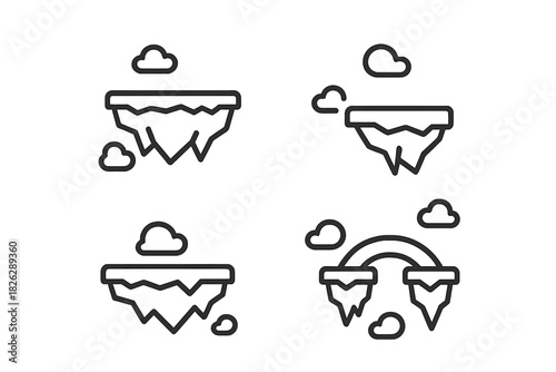 Minimalist outline icons set of floating islands and sky platforms for game design