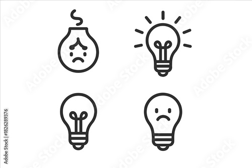 Minimalist line art light bulb icons for concepts of idea, success, failure, and emotion