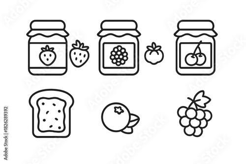 Outline icons set of fruit preserves jars, fresh berries, and breakfast ingredients