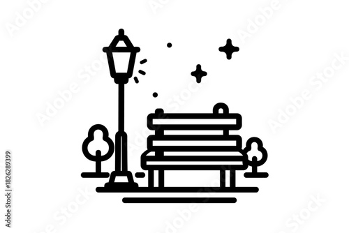 Simple black wooden park bench next to a tall street lamp in a public garden