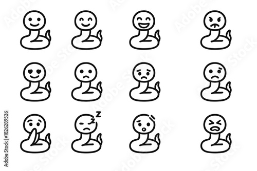 Cute snake mascot character showing various facial expressions and emotions