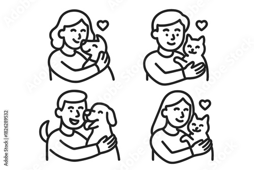 Collection of four simple drawings showing owners embracing their dogs and cats