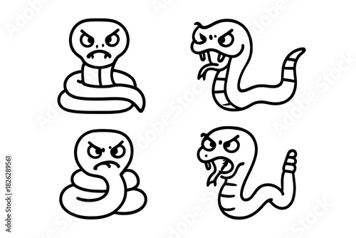 Collection of angry snakes, black and white line art characters with aggressive expressions