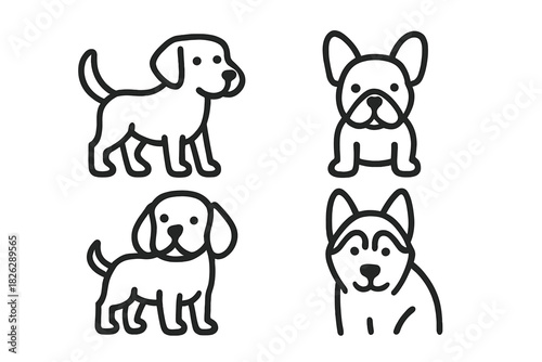 Four different dog breeds in simple black outline icons on a clean white background