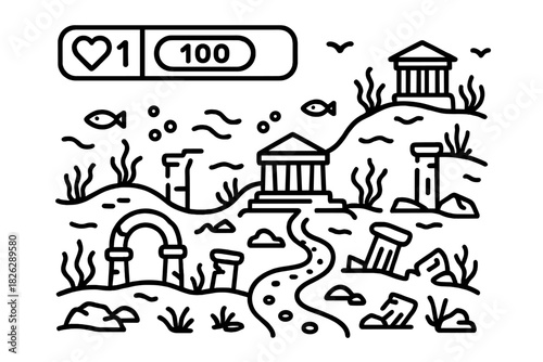 Ancient submerged city ruins with marine life and social media like button overlay