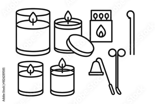 Burning wax candles, matchbox, snuffer, wick trimmer, and dipper tools set