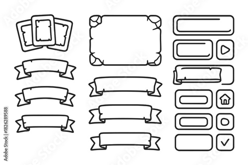 Outline game user interface elements banners frames cards buttons for fantasy RPG