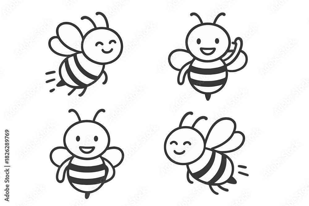 Obraz premium Set of cute cartoon honey bee characters with happy expressions flying and waving