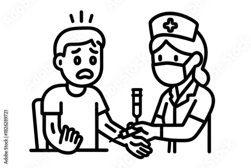Anxious patient receiving an injection from a masked nurse during a medical procedure
