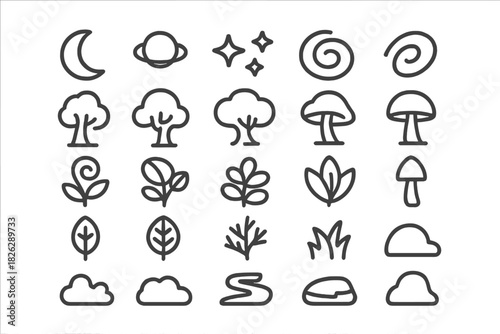 Minimalist outline icons featuring natural elements, plants, and celestial objects