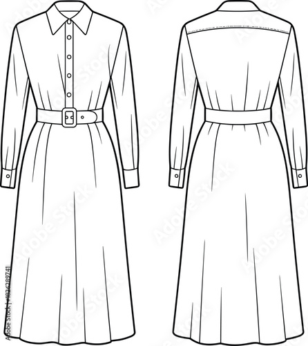 Women's Elegant Belted Shirtdress Fashion Flat Technical Drawing Template Long Sleeve Collared Midi Length Dress Vector Illustration CAD Artwork
