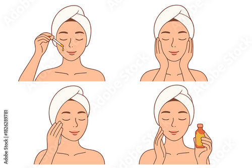 Woman applying facial serum with a dropper and massaging her skin as part of a beauty routine