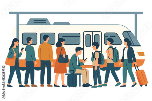 Diverse group of passengers waiting on a train platform ready for travel