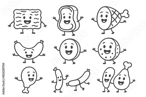 Funny cartoon meat characters seamless pattern featuring steak ham sausage and chicken drumstick
