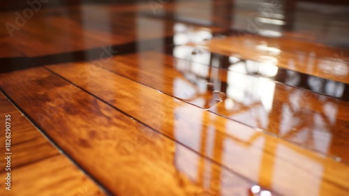 Close-up of polished wooden floor with reflections and water droplets