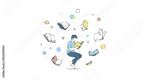 Hand drawn illustration of a young man absorbed in reading a book.
