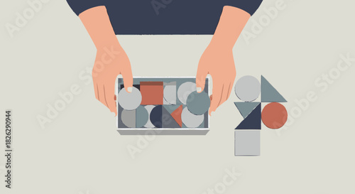 Hands organizing colorful geometric shapes on a smartphone screen.