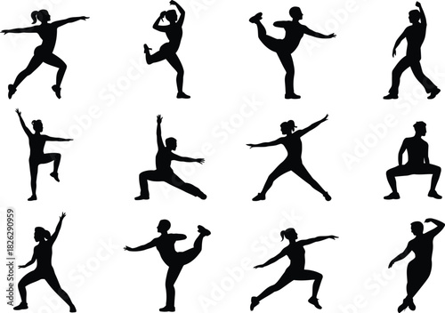 Silhouette Dance and Performance Icons Set. Ballet, Modern Dance, Stretching, Movement Vector Illustration