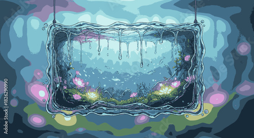 Hanging rectangular frame made of clear melting ice.